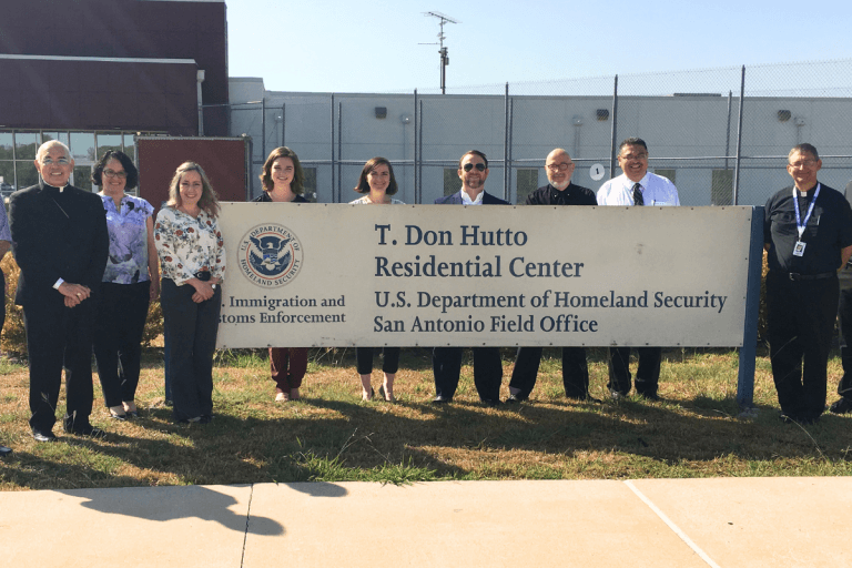 Allison (fourth from right) joined Bishop Joe Vásquez and other Diocesan staff for a Mass and tour of the T. Don Hutto Residential Center in Taylor, a residential facility for non-US citizens awaiting the outcome of their immigration status.
